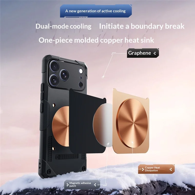 For iPhone 17 Pro Case Copper Heat Dissipation TPU + Metal Cooling Phone Cover Support Magnetic Car Mount - Black