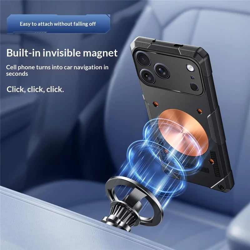 For iPhone 17 Pro Case Copper Heat Dissipation TPU + Metal Cooling Phone Cover Support Magnetic Car Mount - Black
