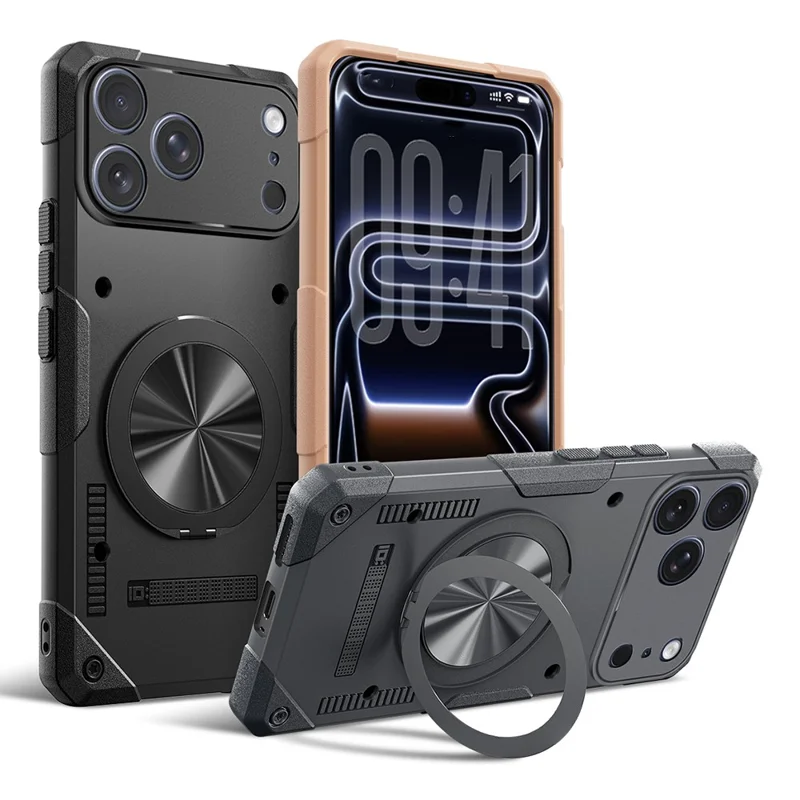 For iPhone 17 Pro Magnetic Case 360° Rotating Ring Kickstand TPU Phone Cover - Black