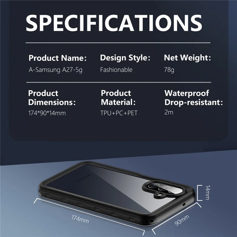REDPEPPER A Series For Samsung Galaxy A27 5G IP68 Phone Case Clear Back Waterproof Cover - Black