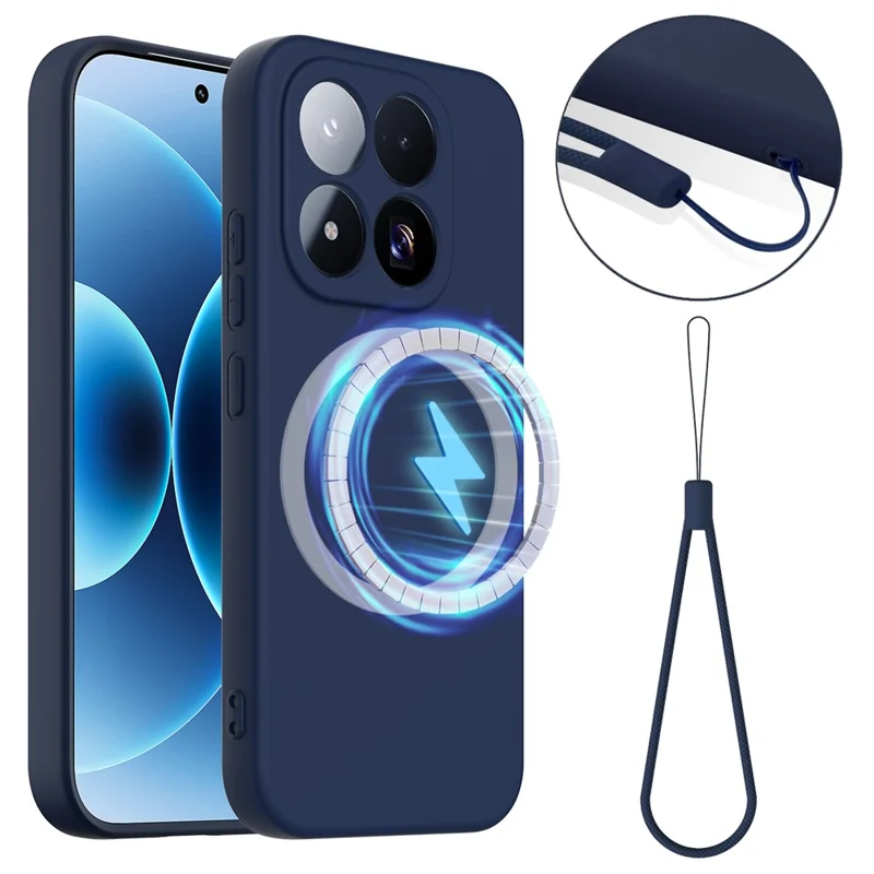 For Xiaomi 17 Max Magnetic Case Anti-Drop Liquid Silicone Phone Cover with Lanyard - Dark Blue