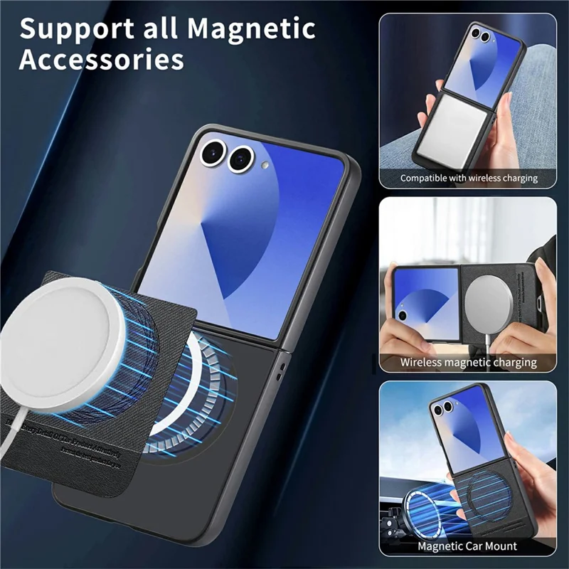 For Samsung Galaxy Z Flip8 Magnetic Case Denim Texture Leather + PC Shockproof Phone Cover - Black