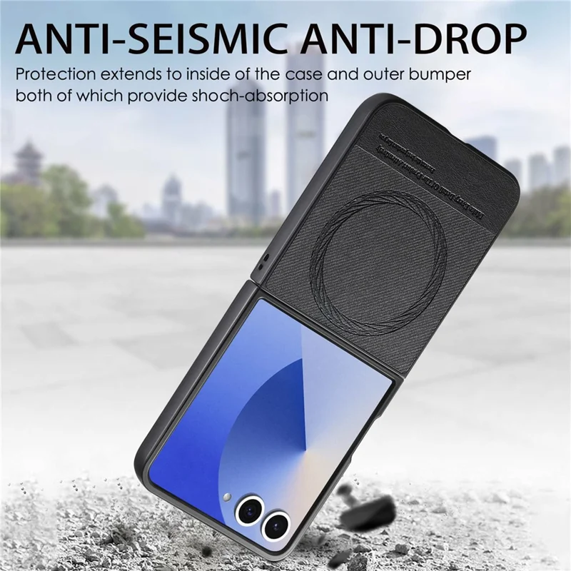 For Samsung Galaxy Z Flip8 Magnetic Case Denim Texture Leather + PC Shockproof Phone Cover - Black
