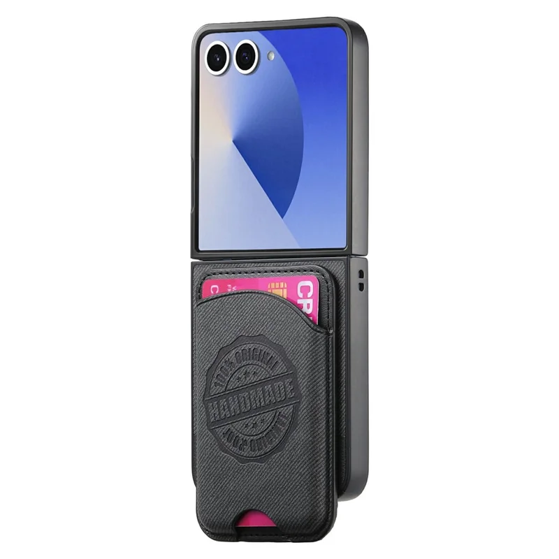 For Samsung Galaxy Z Flip8 Magnetic Case with Card Bag Denim Texture Leather Back Cover - Black