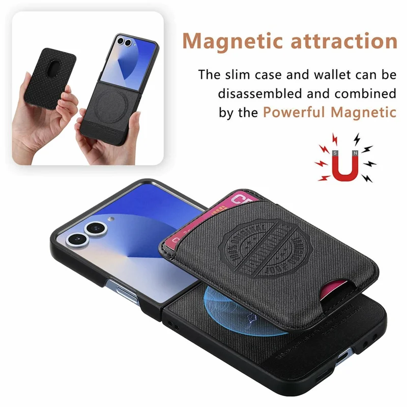 For Samsung Galaxy Z Flip8 Magnetic Case with Card Bag Denim Texture Leather Back Cover - Black