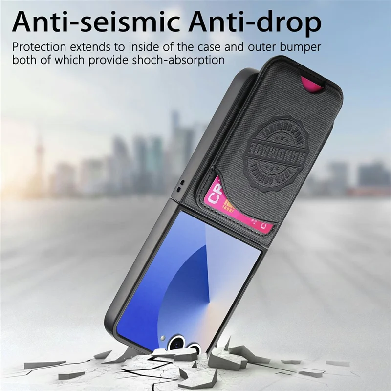 For Samsung Galaxy Z Flip8 Magnetic Case with Card Bag Denim Texture Leather Back Cover - Black