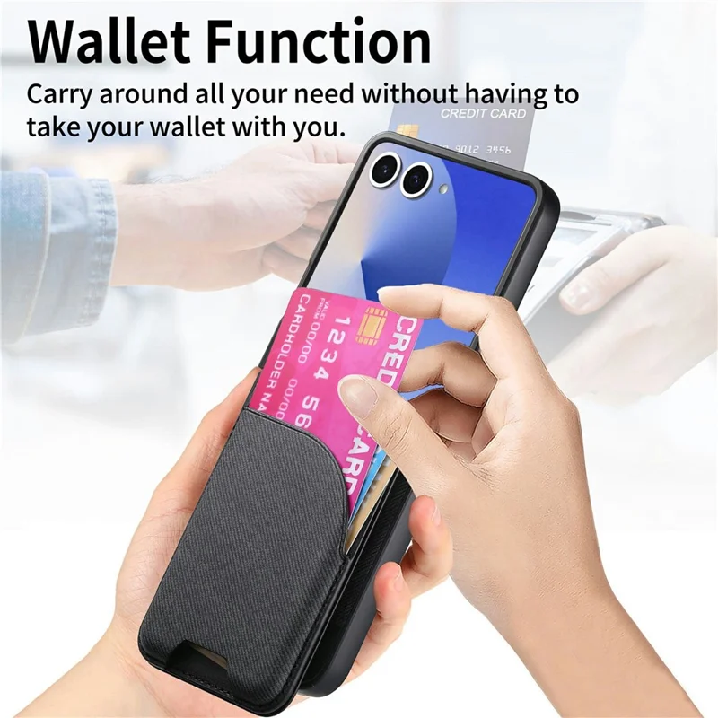 For Samsung Galaxy Z Flip8 Magnetic Case with Card Bag Denim Texture Leather Back Cover - Black