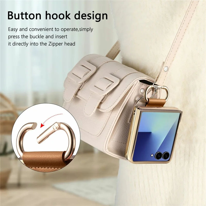 For Samsung Galaxy Z Flip8 Case Button Hook Design Kickstand PU Leather Phone Back Cover - Brown
