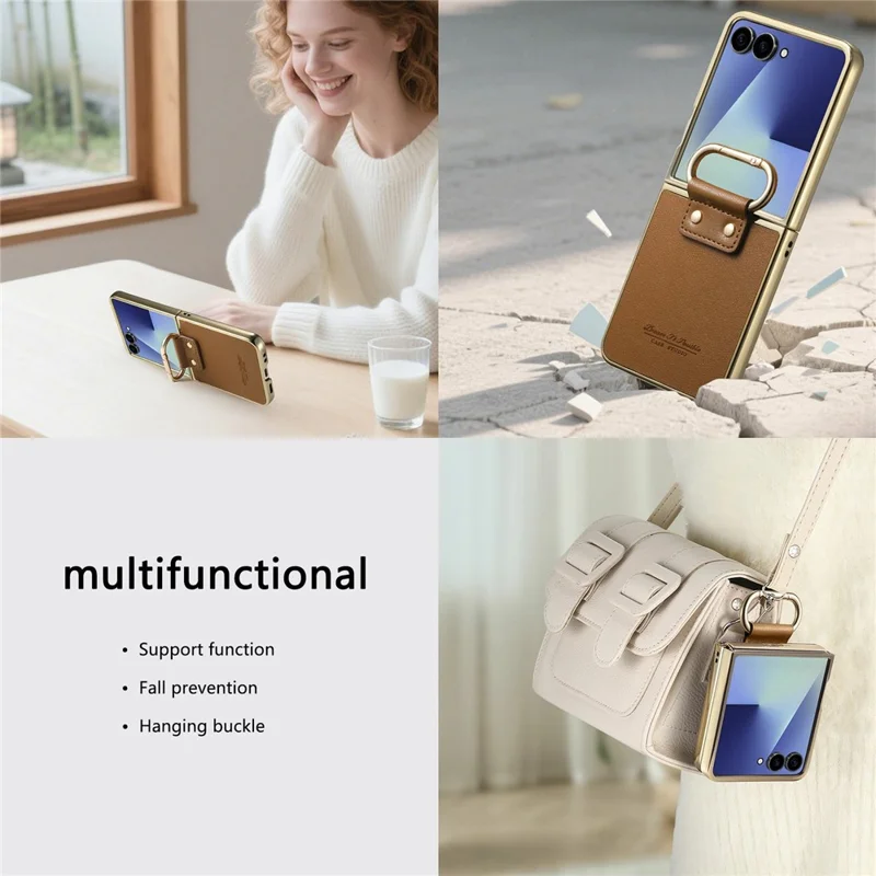 For Samsung Galaxy Z Flip8 Case Button Hook Design Kickstand PU Leather Phone Back Cover - Brown