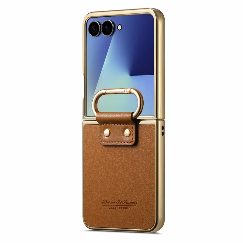 For Samsung Galaxy Z Flip8 Case Button Hook Design Kickstand PU Leather Phone Back Cover - Brown