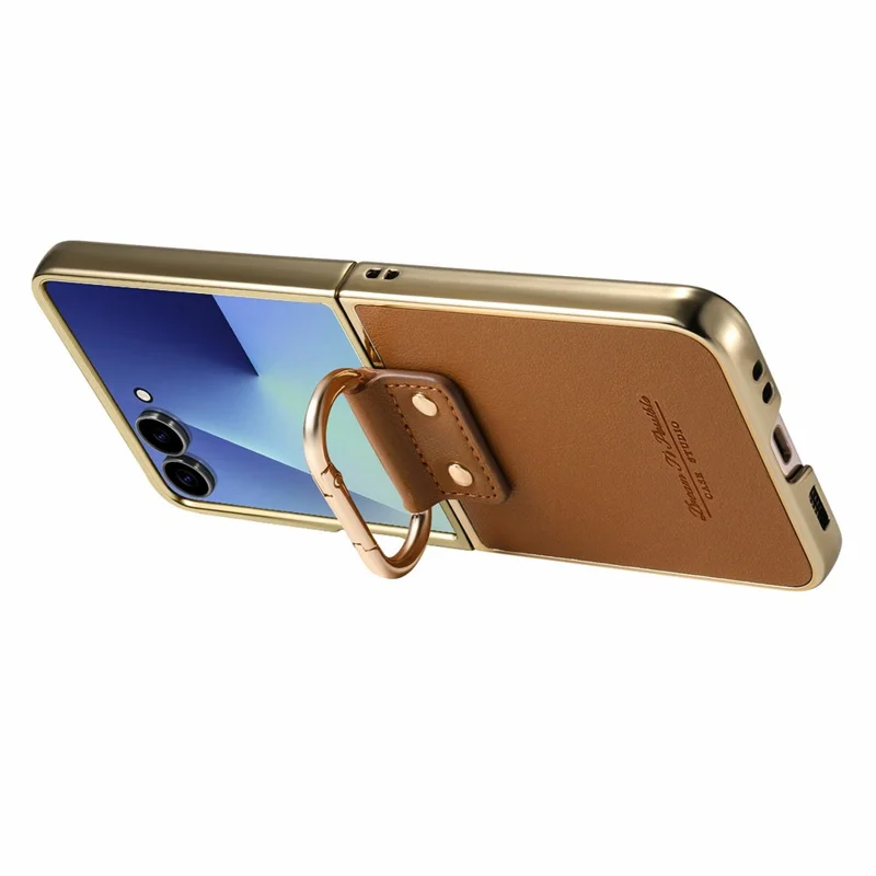 For Samsung Galaxy Z Flip8 Case Button Hook Design Kickstand PU Leather Phone Back Cover - Brown
