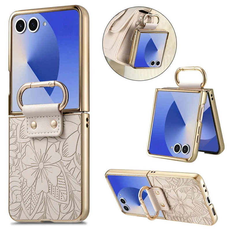For Samsung Galaxy Z Flip8 Case PU Leather Flower and Leaf Pattern Foldable Phone Cover - Beige
