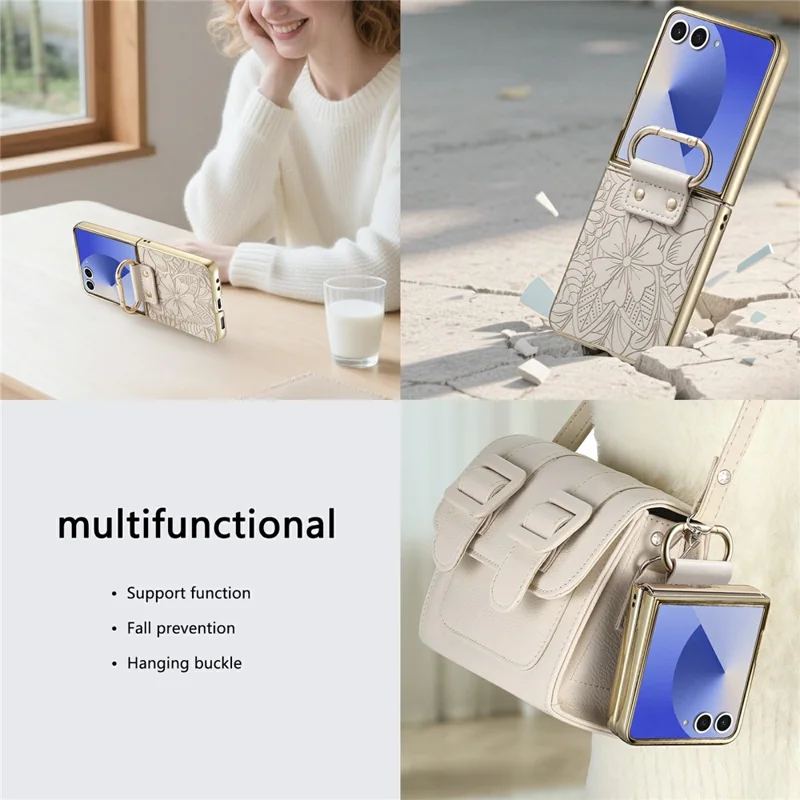 For Samsung Galaxy Z Flip8 Case PU Leather Flower and Leaf Pattern Foldable Phone Cover - Beige