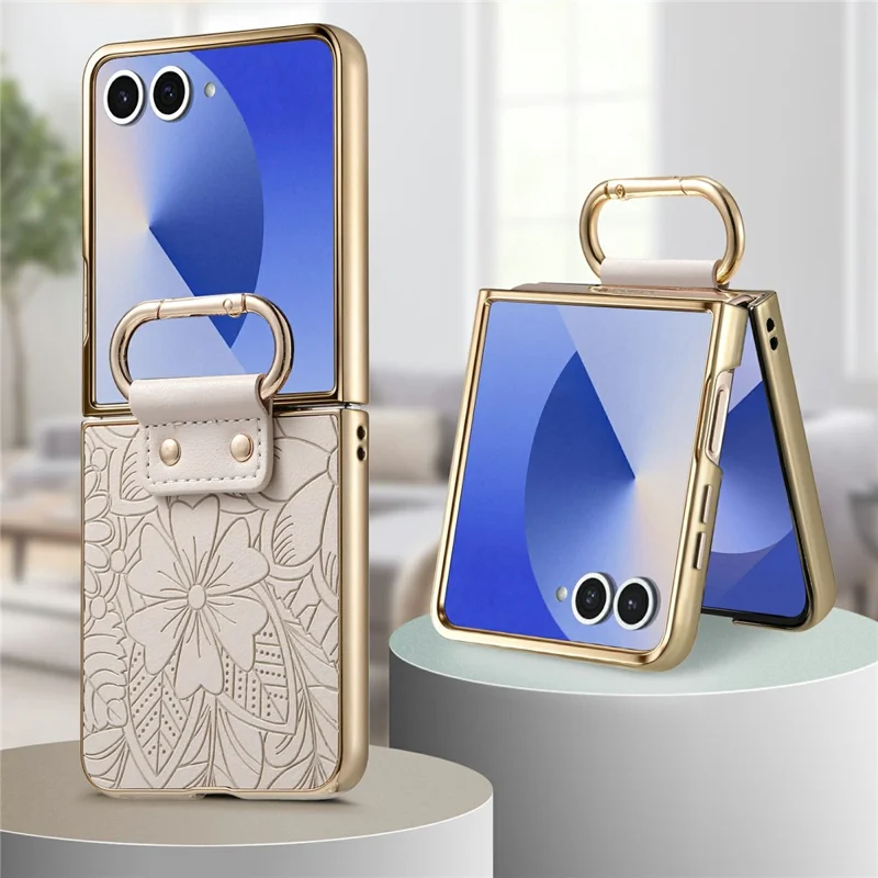 For Samsung Galaxy Z Flip8 Case PU Leather Flower and Leaf Pattern Foldable Phone Cover - Beige