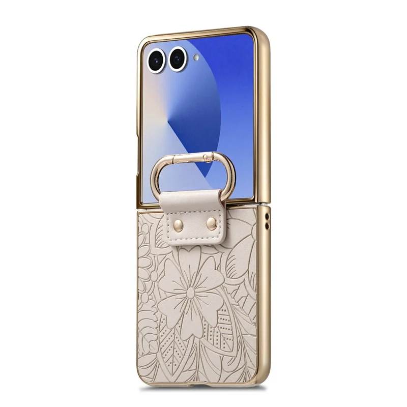 For Samsung Galaxy Z Flip8 Case PU Leather Flower and Leaf Pattern Foldable Phone Cover - Beige