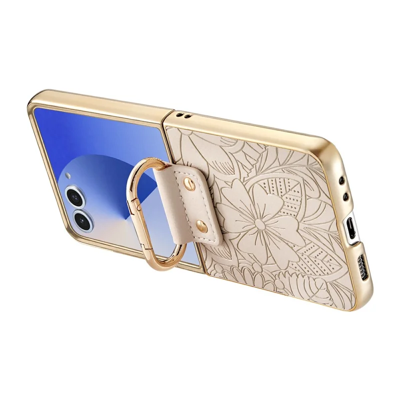 For Samsung Galaxy Z Flip8 Case PU Leather Flower and Leaf Pattern Foldable Phone Cover - Beige