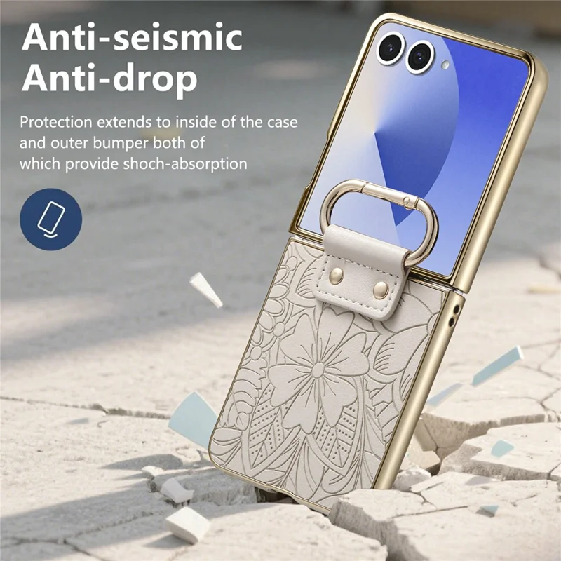 For Samsung Galaxy Z Flip8 Case PU Leather Flower and Leaf Pattern Foldable Phone Cover - Beige