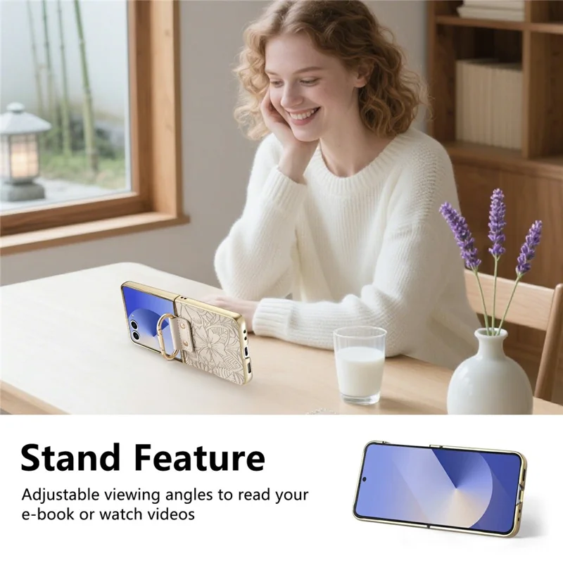 For Samsung Galaxy Z Flip8 Case PU Leather Flower and Leaf Pattern Foldable Phone Cover - Beige