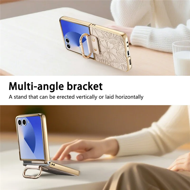 Til Samsung Galaxy Z Flip7 5G Task PU-læder Blomster- og bladpattern Foldbar telefonbeskyttelse - beige