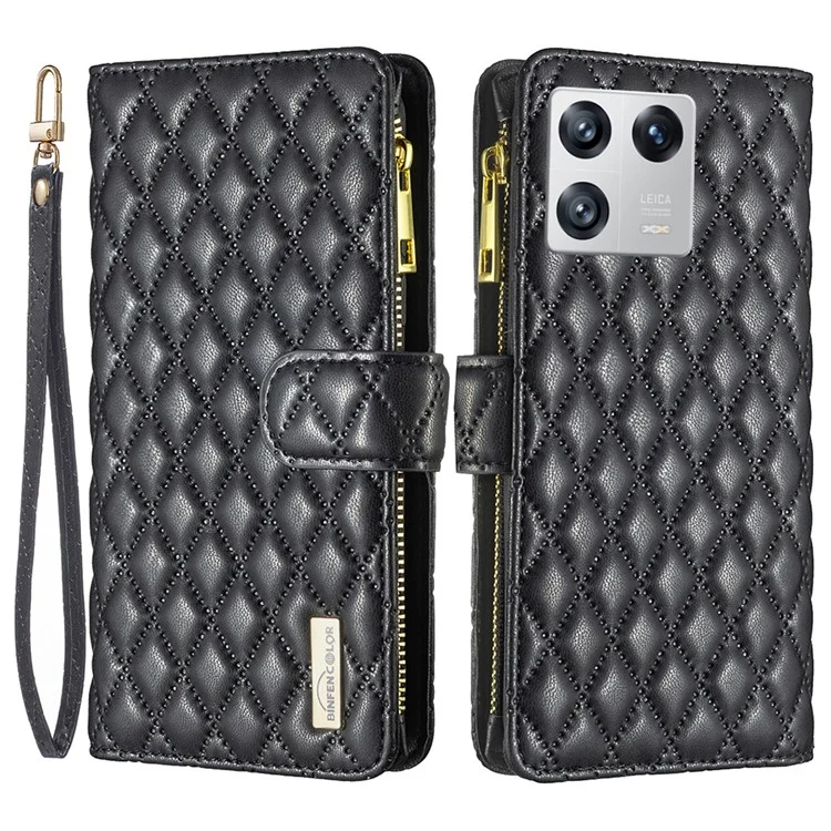 Binfen Color BF Style-15 Para Xiaomi 13 Impresso Rhombus Pattern Zipper Pocket Pocket Cheather Stand Stand Phone Tampa Com Cinta - Preto