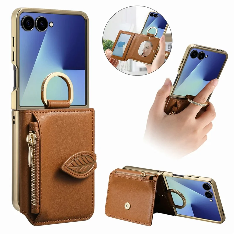 For Samsung Galaxy Z Flip8 Phone Case Card Holder Kickstand Leaf Buckle Leather Back Cover with Built-in Mirror - Brown