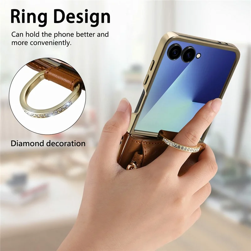 For Samsung Galaxy Z Flip8 Phone Case Card Holder Kickstand Leaf Buckle Leather Back Cover with Built-in Mirror - Brown