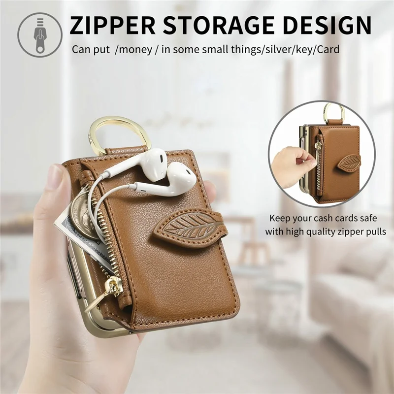 For Samsung Galaxy Z Flip8 Phone Case Card Holder Kickstand Leaf Buckle Leather Back Cover with Built-in Mirror - Brown