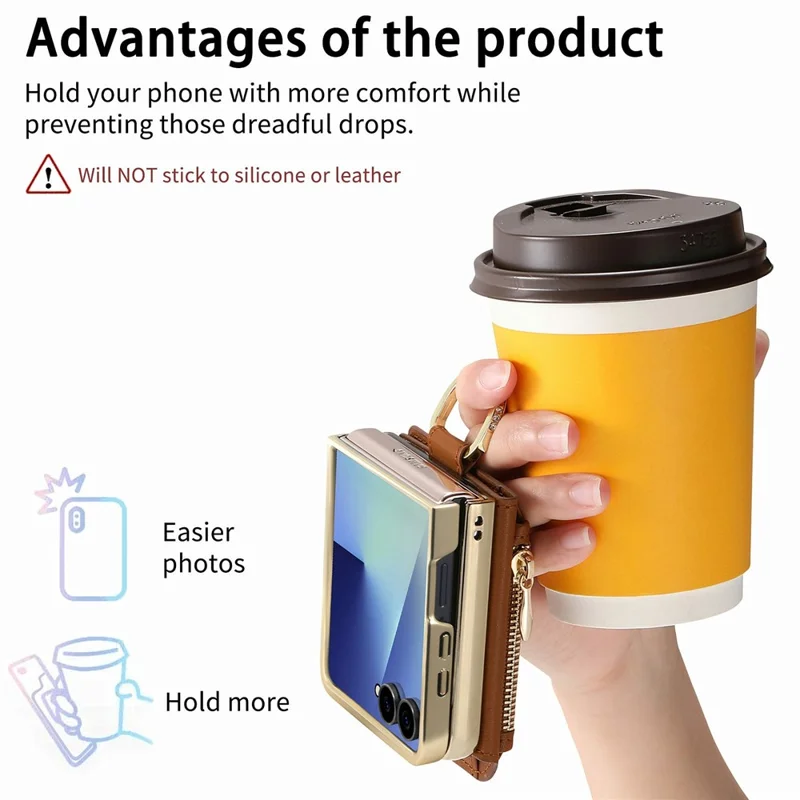 For Samsung Galaxy Z Flip8 Phone Case Card Holder Kickstand Leaf Buckle Leather Back Cover with Built-in Mirror - Brown