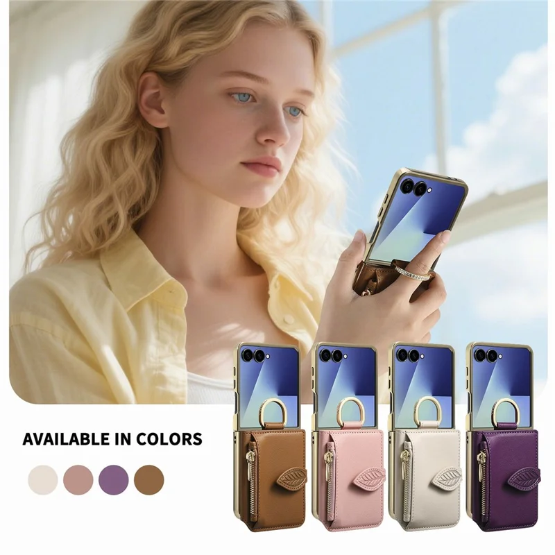 For Samsung Galaxy Z Flip8 Phone Case Card Holder Kickstand Leaf Buckle Leather Back Cover with Built-in Mirror - Brown