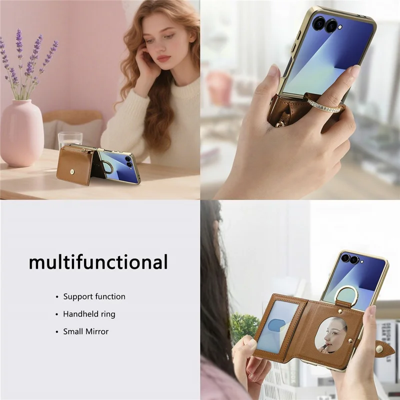 For Samsung Galaxy Z Flip8 Phone Case Card Holder Kickstand Leaf Buckle Leather Back Cover with Built-in Mirror - Brown