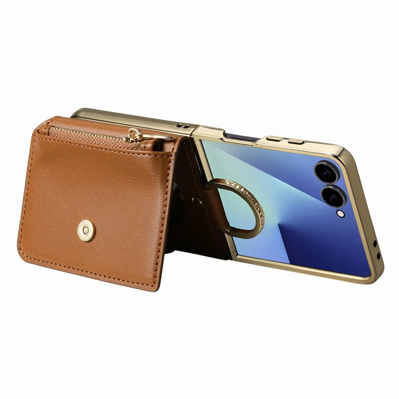 For Samsung Galaxy Z Flip8 Phone Case Card Holder Kickstand Leaf Buckle Leather Back Cover with Built-in Mirror - Brown