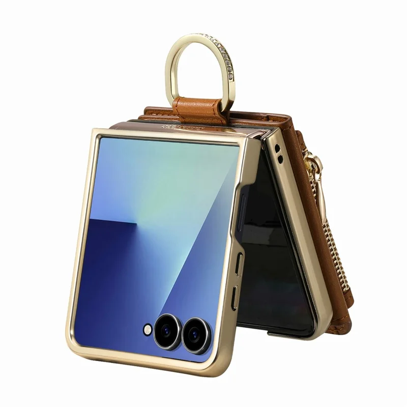 For Samsung Galaxy Z Flip8 Phone Case Card Holder Kickstand Leaf Buckle Leather Back Cover with Built-in Mirror - Brown