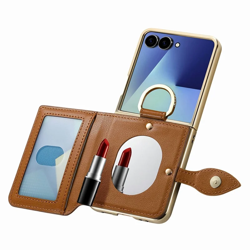 For Samsung Galaxy Z Flip8 Phone Case Card Holder Kickstand Leaf Buckle Leather Back Cover with Built-in Mirror - Brown