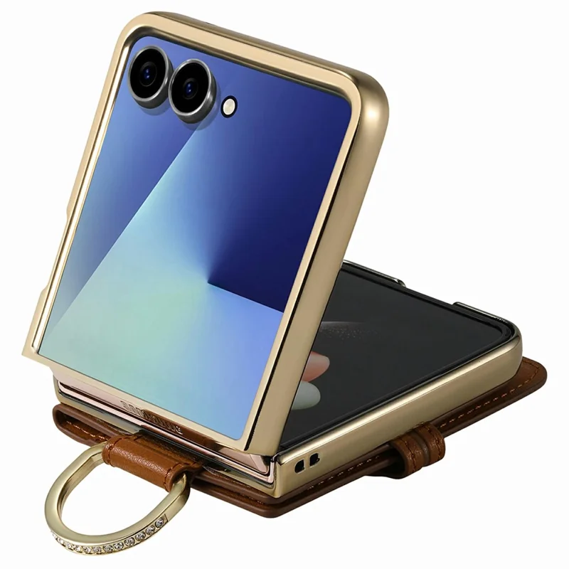 For Samsung Galaxy Z Flip8 Phone Case Card Holder Kickstand Leaf Buckle Leather Back Cover with Built-in Mirror - Brown