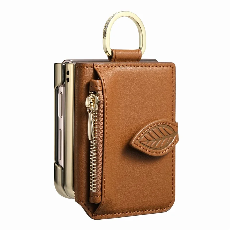 For Samsung Galaxy Z Flip8 Phone Case Card Holder Kickstand Leaf Buckle Leather Back Cover with Built-in Mirror - Brown