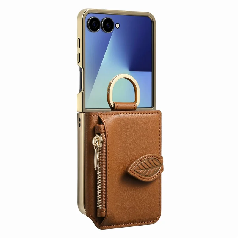 For Samsung Galaxy Z Flip8 Phone Case Card Holder Kickstand Leaf Buckle Leather Back Cover with Built-in Mirror - Brown