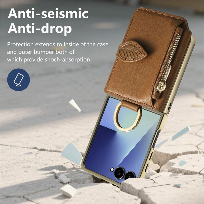 For Samsung Galaxy Z Flip8 Phone Case Card Holder Kickstand Leaf Buckle Leather Back Cover with Built-in Mirror - Brown
