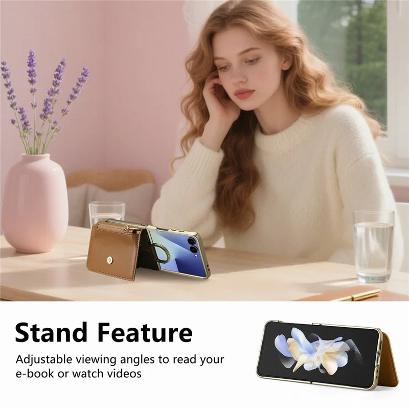 For Samsung Galaxy Z Flip8 Phone Case Card Holder Kickstand Leaf Buckle Leather Back Cover with Built-in Mirror - Brown