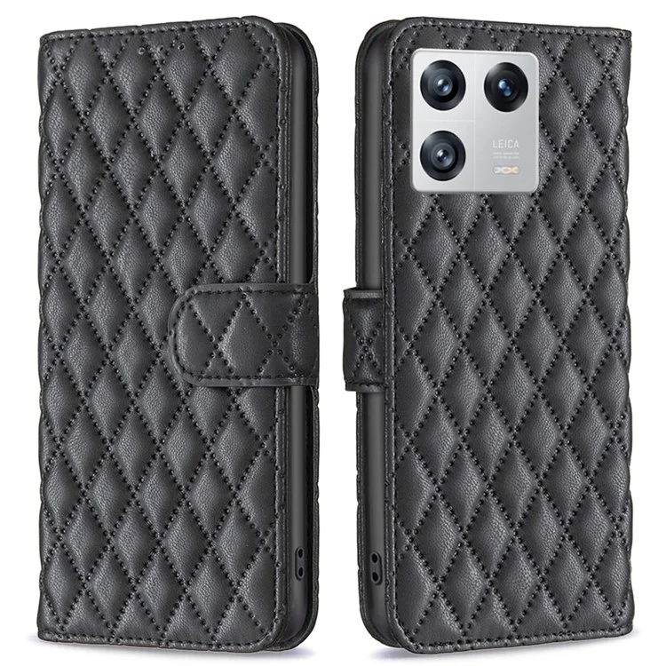 Binfen Color bf Style-14 Para Xiaomi 13 Impresión Patrón de Rombo Magnético Flip Case PU Cuero de Cuero Libro de Soporte Teléfono - Negro