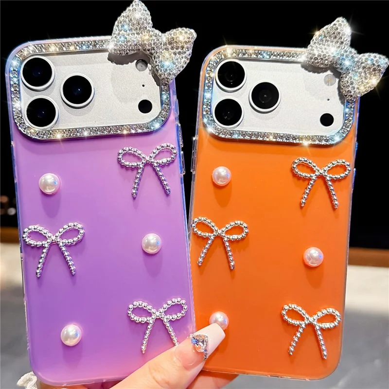 For iPhone 18 Pro Max / 17 Pro Max Case Pearl Bow Decor PC + TPU IMD Phone Cover with Rhinestone Camera Ring - Pearl White