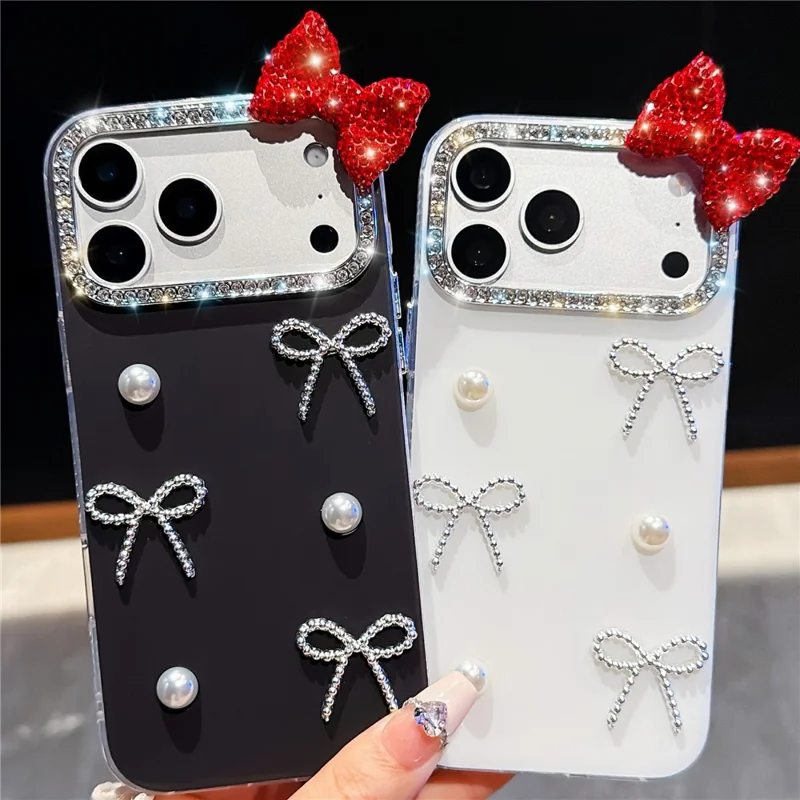 For iPhone 18 Pro Max / 17 Pro Max Case Pearl Bow Decor PC + TPU IMD Phone Cover with Rhinestone Camera Ring - Pearl White