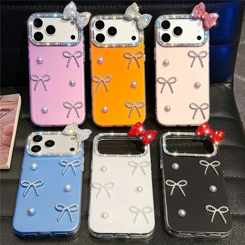 For iPhone 18 Pro / 17 Pro Case Pearl Bow Decor PC + TPU IMD Phone Cover with Rhinestone Camera Ring - Pearl White