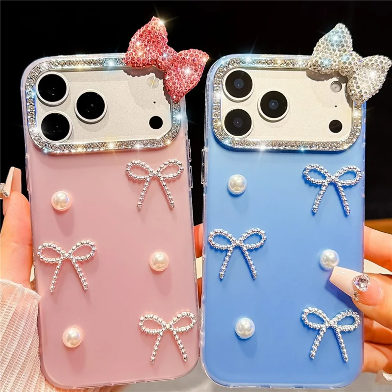 For iPhone 18 Pro / 17 Pro Case Pearl Bow Decor PC + TPU IMD Phone Cover with Rhinestone Camera Ring - Pearl White