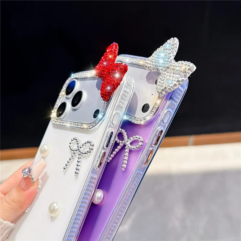 For iPhone 18 Pro / 17 Pro Case Pearl Bow Decor PC + TPU IMD Phone Cover with Rhinestone Camera Ring - Pearl White