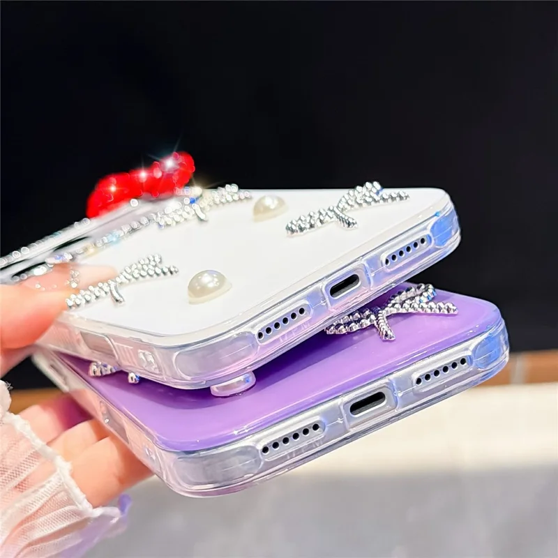 For iPhone 18 Pro / 17 Pro Case Pearl Bow Decor PC + TPU IMD Phone Cover with Rhinestone Camera Ring - Pearl White