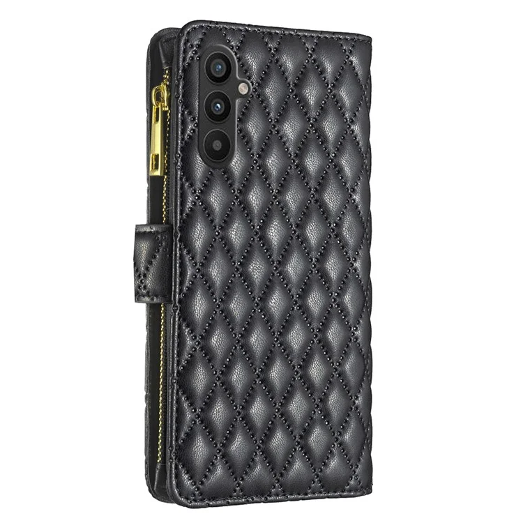 BINFEN COLOR BF Style-15 для Samsung Galaxy A34 5G с тисненым ромбовидным узором, чехол-книжка из искусственной кожи с магнитной застежкой, бумажник, подставка, карман на молнии, чехол для телефона со шлейкой - черный