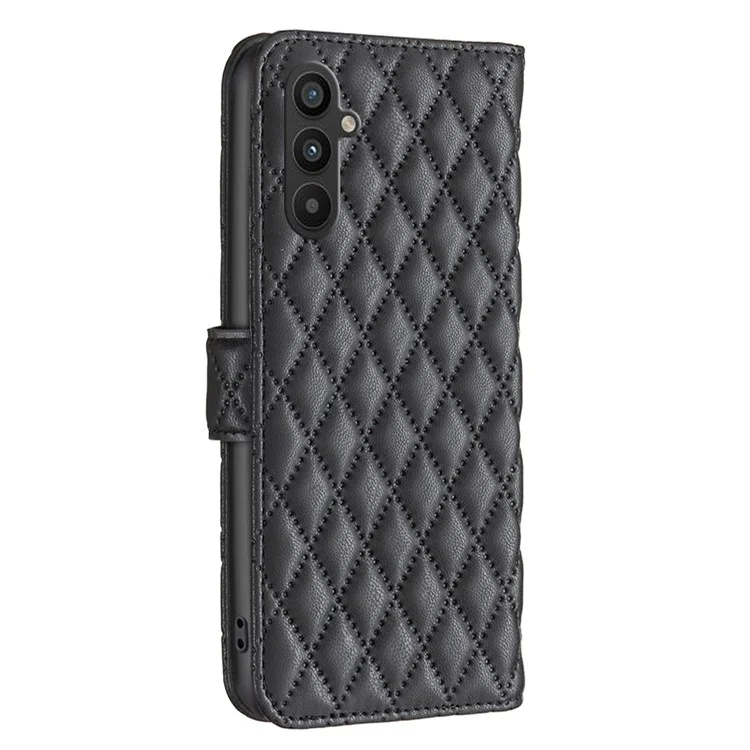BINFEN COLOR BF Style-14 For Samsung Galaxy A34 5G Imprinted Rhombus Pattern Wallet Phone Case PU Leather Stand Magnetic Closure Flip Folio Cover - Black