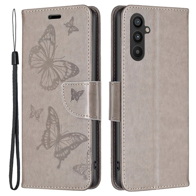 BF Imprinting Pattern Series-4 per Samsung Galaxy A34 5G PU Leather Wallet Phone Case Imprinted Butterflies Magnetic Closure Stand Cover with Strap - Grigio
