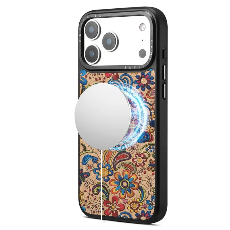 DENIOR A28 for iPhone 17 Pro Magnetic Case Floral Embroidery Leather + PC + TPU Phone Cover - Khaki