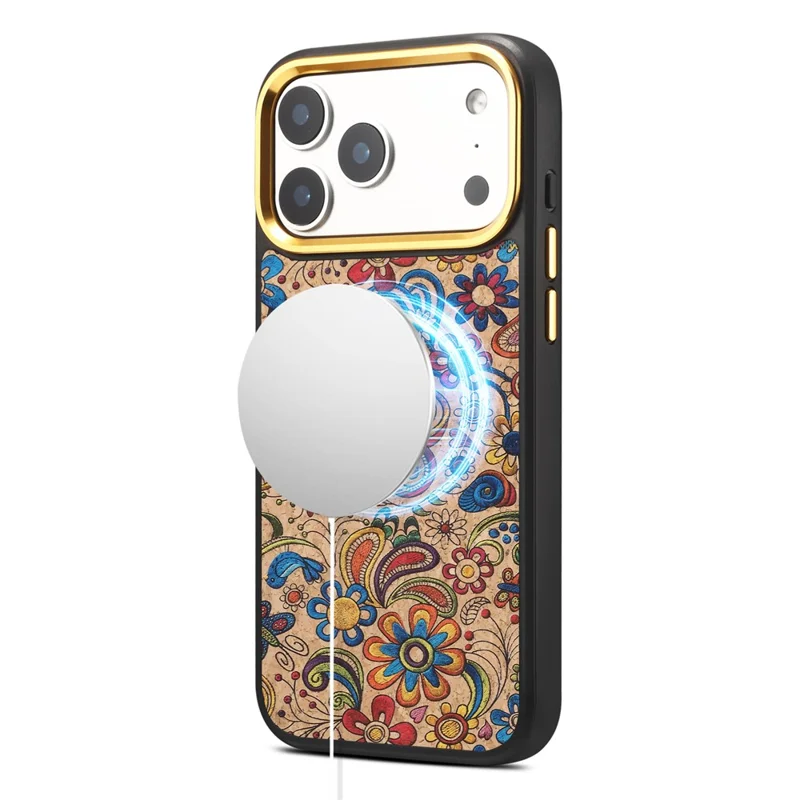 DENIOR A28+1 For iPhone 17 Pro Max Magnetic Case with Golden Lens Frame Floral Embroidery Leather Back Phone Cover - Khaki